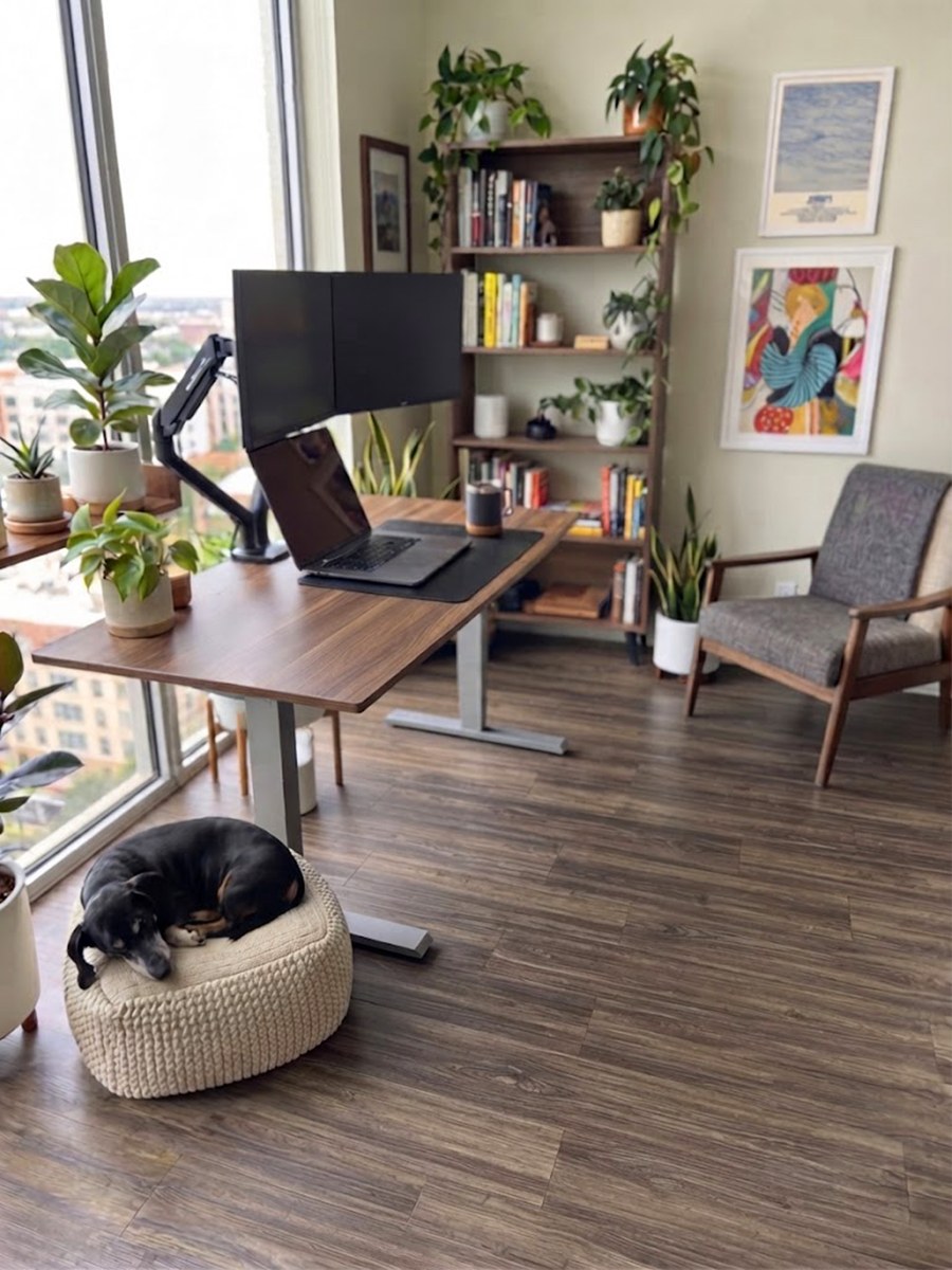 Sam Gilbert seated in his home office, sketching wireframes with a stylus on a tablet resting on his lap. Behind him a standing desk with twin monitors on an arm, a corner of windows overlooking the city with potted plants along the sill, a tall bookshelf of books and trailing plants, two framed prints, and a dog curled asleep on a knitted pouffe on the wood floor.