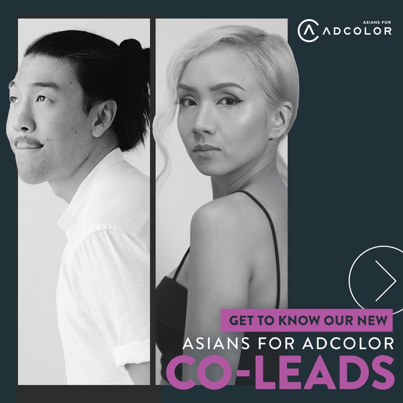 Asians for ADCOLOR post introducing the group's two new co-leads, shown in black and white portraits on a dark teal field.