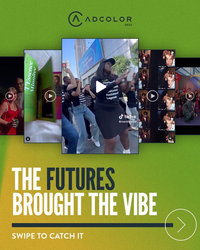 ADCOLOR 2022 recap carousel cover reading The Futures Brought the Vibe, with a fan of video stills from the conference.