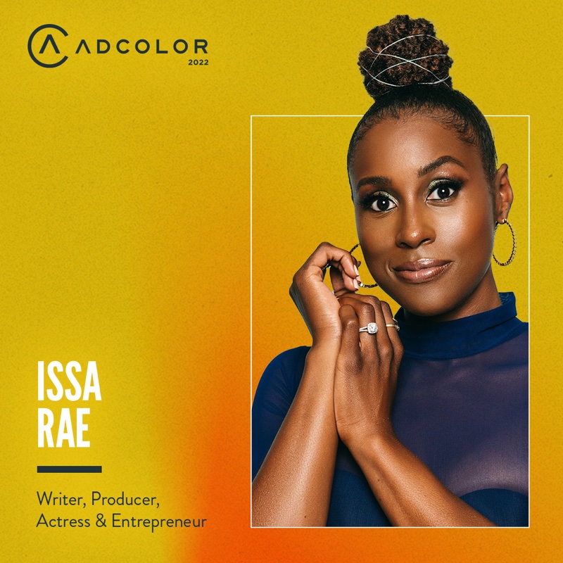 ADCOLOR 2022 speaker card for Issa Rae, writer, producer, actress and entrepreneur, on a yellow to orange gradient.
