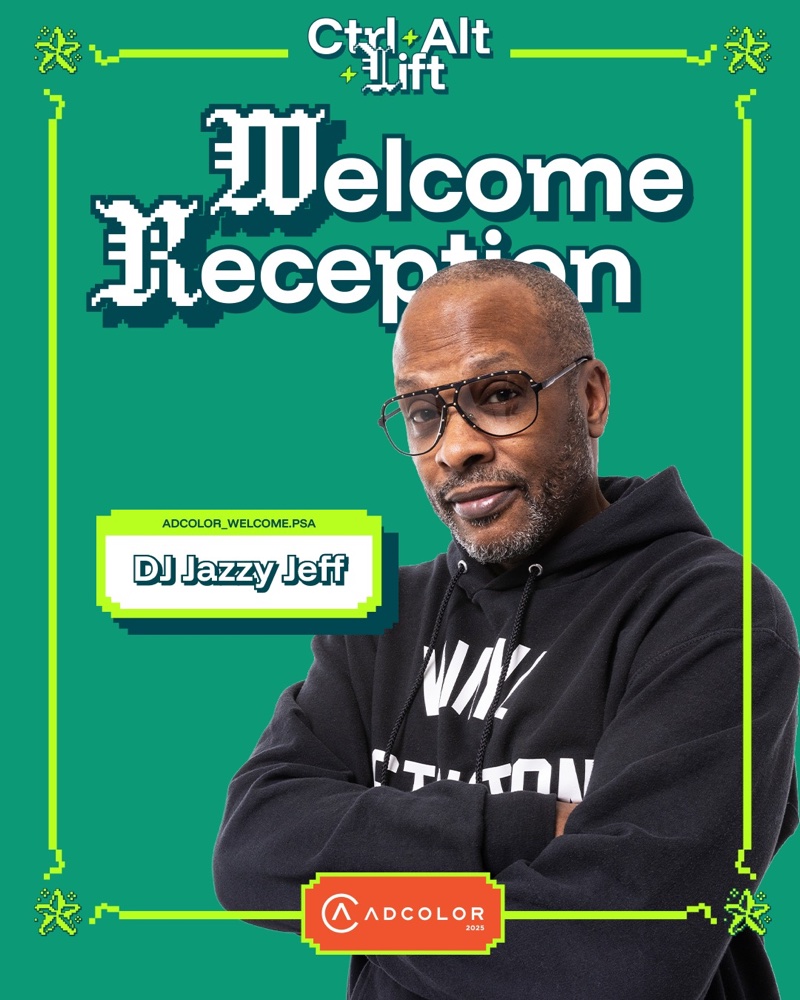 ADCOLOR 2025 Ctrl Alt Lift welcome reception card announcing DJ Jazzy Jeff, in a pixel-art frame on green.