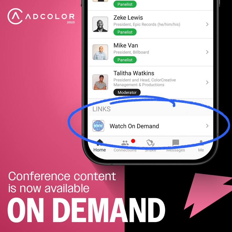 ADCOLOR 2023 post showing the conference app's session list on a phone, with the Watch On Demand link circled.