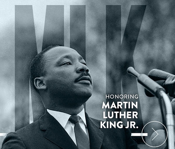 ADCOLOR graphic honoring Martin Luther King Jr., his initials set large behind an archival photograph of him speaking.