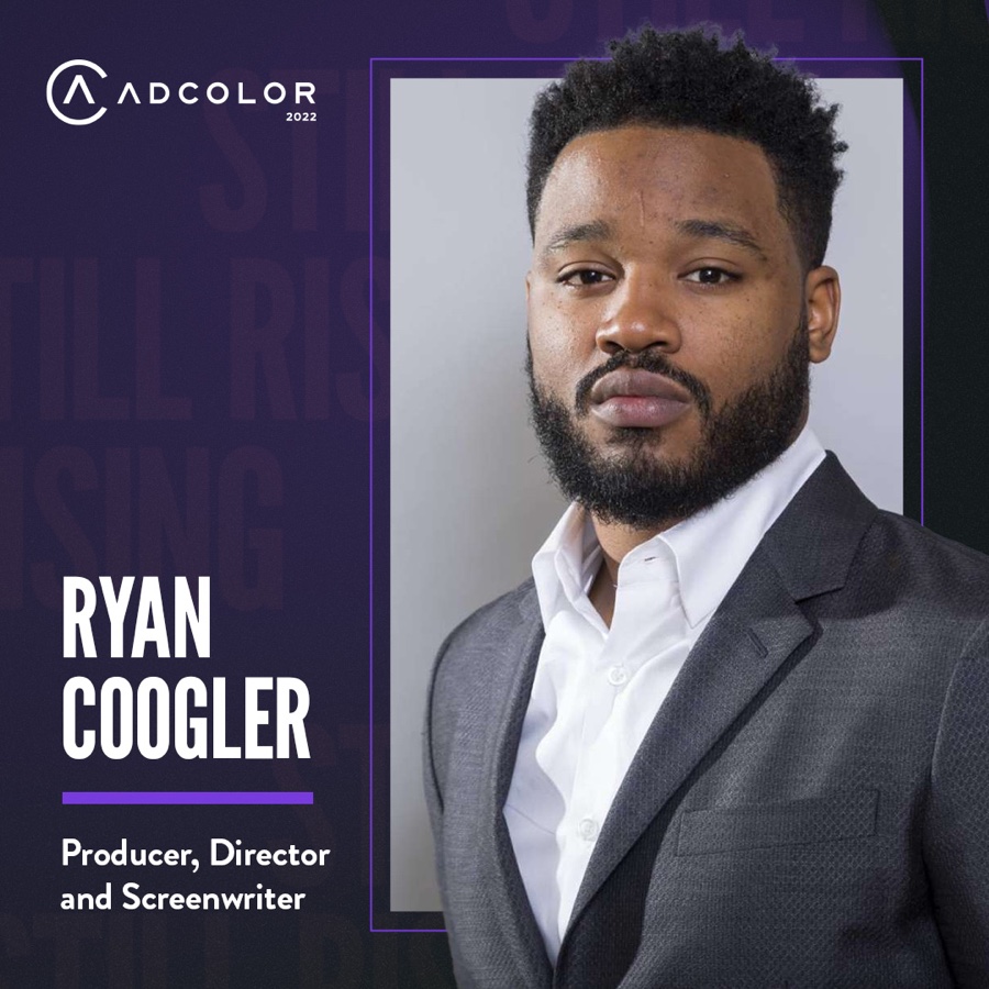 ADCOLOR speaker card for Ryan Coogler, producer, director and screenwriter, on a purple field.