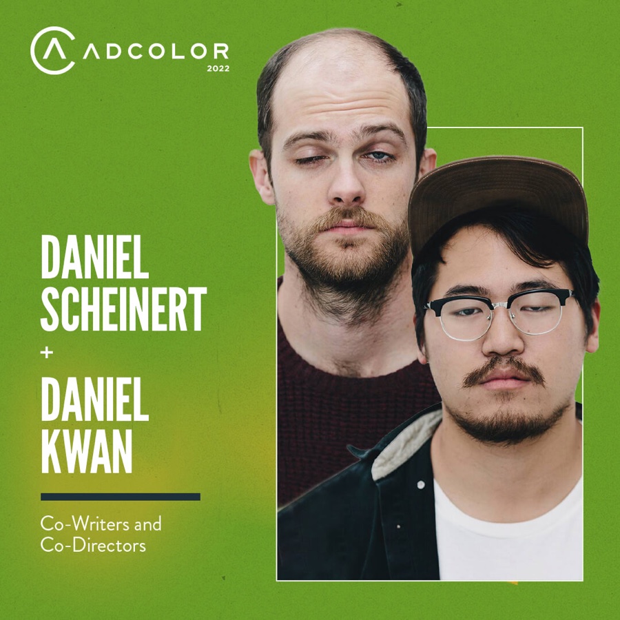 ADCOLOR speaker card for Daniel Scheinert and Daniel Kwan, co-writers and co-directors, on a green field.