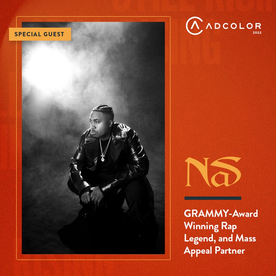 ADCOLOR special guest card for Nas, Grammy-award winning rap legend and Mass Appeal partner, on a red field.