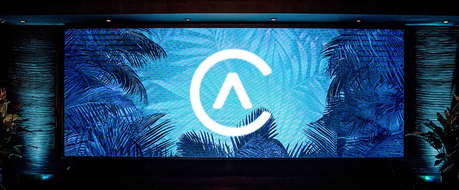 The ADCOLOR mark on the venue's main LED wall, set in the blue palm artwork of the After Dark identity.