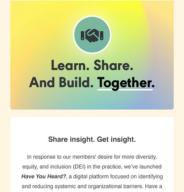 A launch announcement email for the initiative: a gradient hero reading Learn, Share, And Build Together above a welcome to the new digital platform.