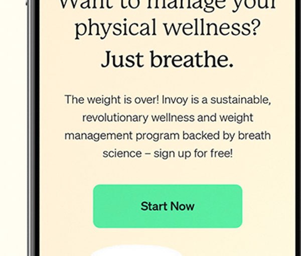 A wellness-program email on a phone: Want to manage your physical wellness? Just breathe, above a Start Now button.
