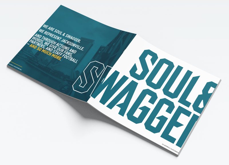 The brand book opened out flat, the Soul and Swagger title running across the full width of the fold.