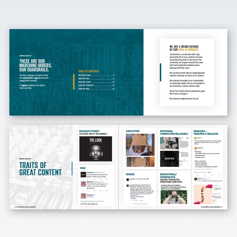 Two spreads from the brand book: the marching orders page with the table of contents, and the traits of great content page.