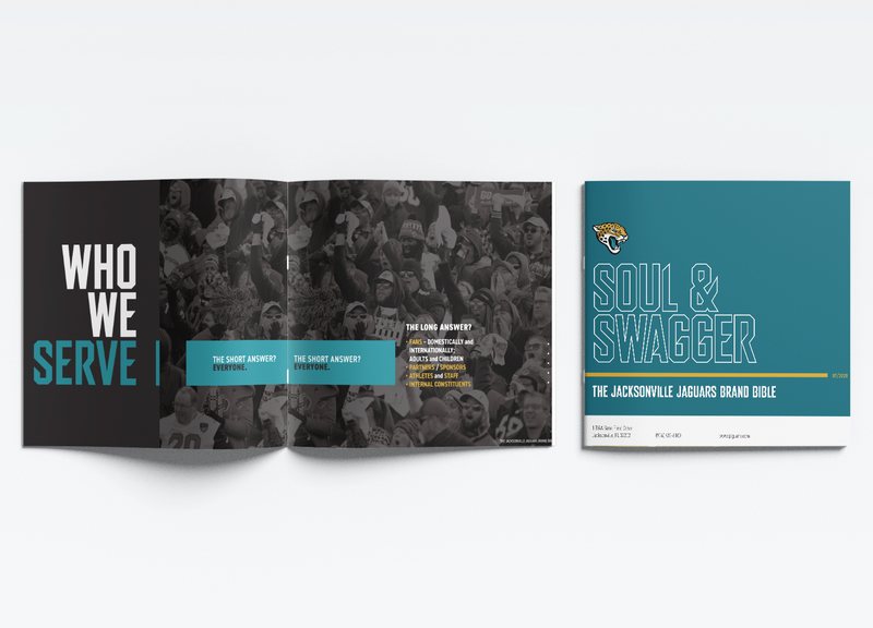 The Who We Serve spread beside the back cover of the Jacksonville Jaguars brand bible.