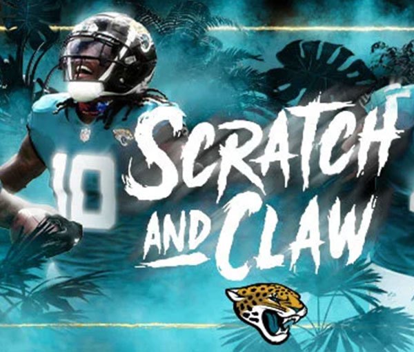 Scratch and Claw key art: a player mid-run against the jungle photo treatment, the campaign name set over him in the custom face.