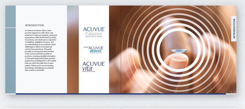 The introduction spread: the three ACUVUE product lockups against the concentric ring artwork with a lens on a fingertip.