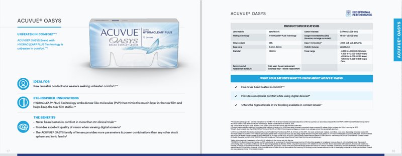 The ACUVUE Oasys spread: the pack shot beside the product specification table.