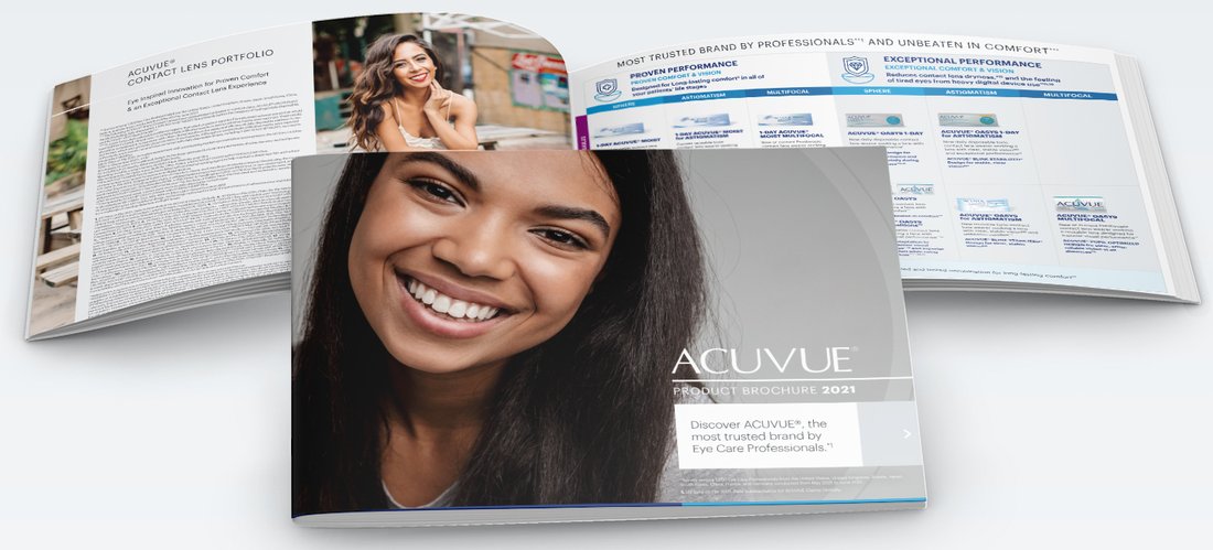 The contact lens portfolio spread: the full range laid out as a matrix across daily disposables and reusables, by sphere, astigmatism, and multifocal, with the printed cover resting on top of it.