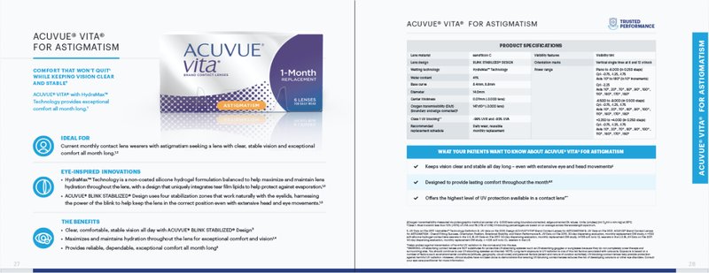 The ACUVUE Vita for Astigmatism spread: the pack shot beside a full specification table.
