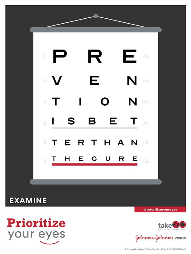 Poster labelled Examine: an eye chart whose letters spell Prevention Is Better Than The Cure.