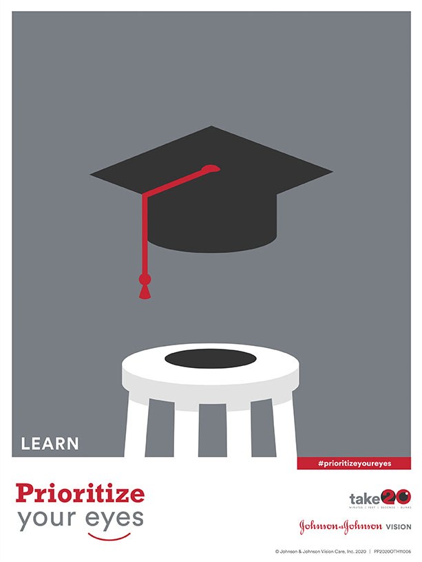 Poster labelled Learn: a graduation cap resting on a stool.