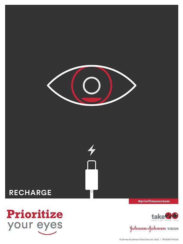 Poster labelled Recharge: an eye drawn above a charging cable.