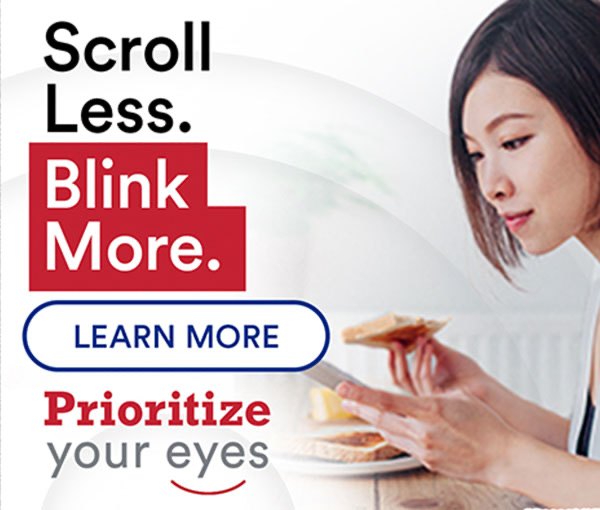 A Scroll Less. Blink More. banner with a Learn More button and the Prioritize Your Eyes lockup.