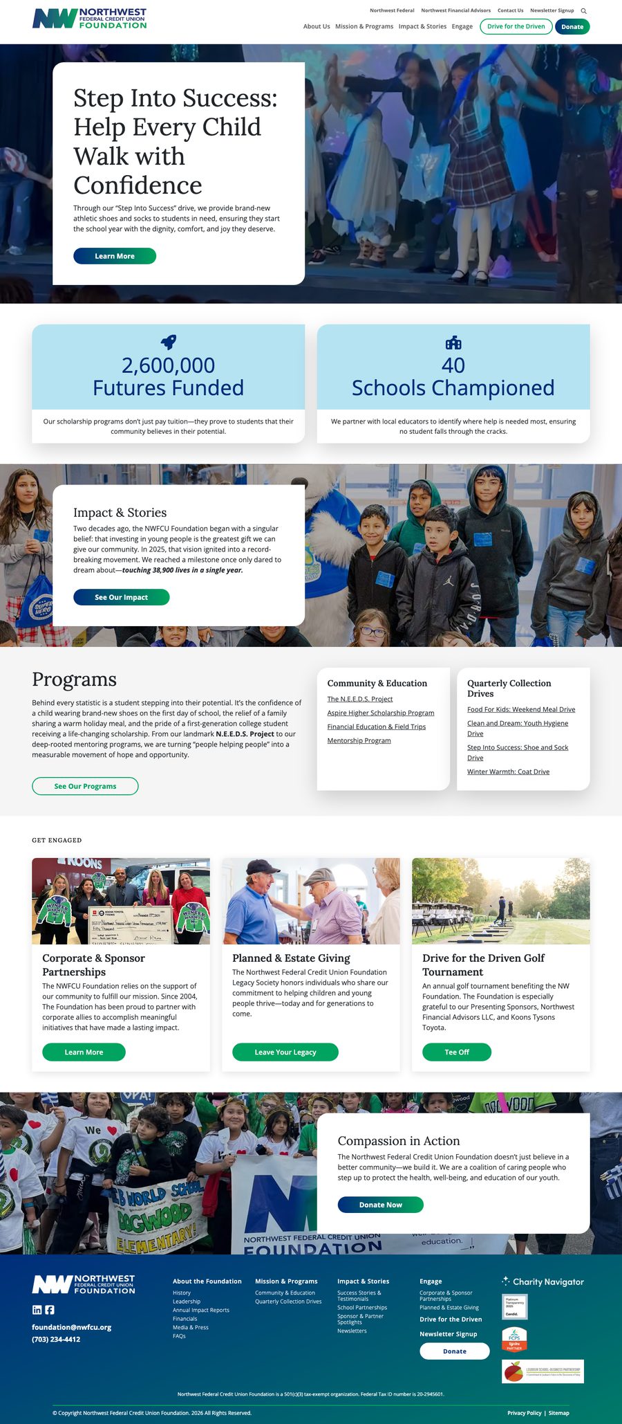 The Northwest Federal Credit Union Foundation site scrolling top to bottom: a Step Into Success hero, futures-funded and schools-championed figures, an impact and stories band, the programs list, and ways to get involved.