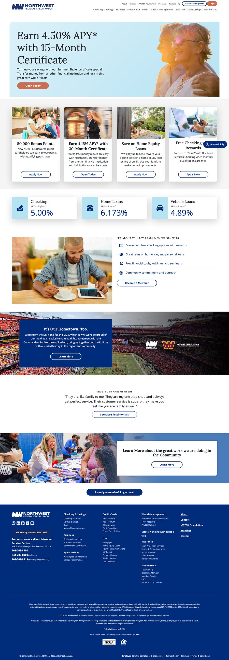 The Northwest Federal homepage scrolling top to bottom: an offer-led certificate hero, a row of product cards, rate tiles for checking, home and vehicle loans, member benefits, the Washington Commanders partnership band, and member testimonials.
