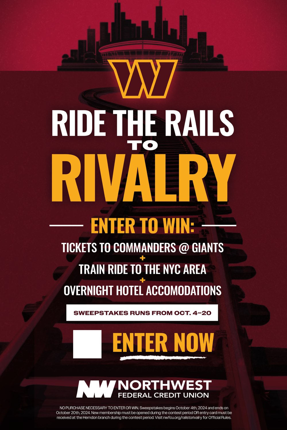 The Ride the Rails to Rivalry sweepstakes poster: win tickets to Commanders at Giants, a train ride to the NYC area, and hotel accommodations.
