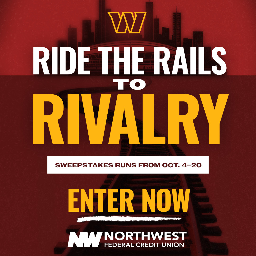 The Ride the Rails to Rivalry sweepstakes social graphic: enter to win tickets to the Commanders at Giants game.