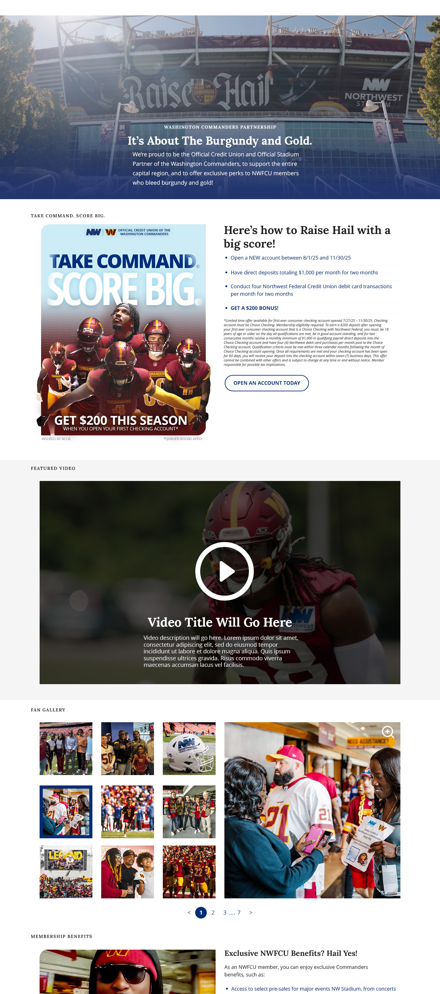 The Commanders partnership hub on the Northwest Federal site: a burgundy-and-gold hero, a Take Command, Score Big checking promotion, a featured video, and a fan gallery.