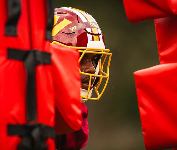 A Washington Commanders helmet in team colors.