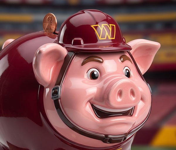 A piggy bank mascot in a Commanders helmet, from the youth savings campaign.
