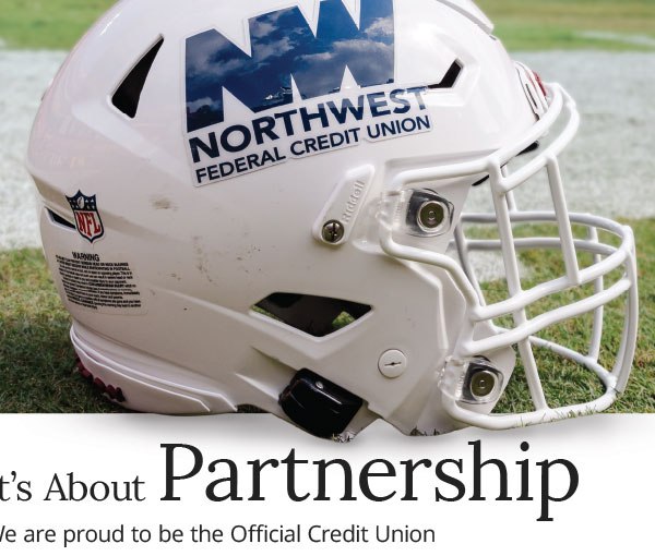 A Northwest Federal Credit Union branded football helmet, from the It's About Partnership campaign.