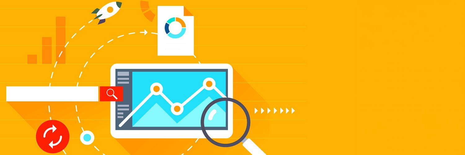 A flat marketing illustration in orange: a search bar, an analytics dashboard, rising bars, and a magnifying glass.