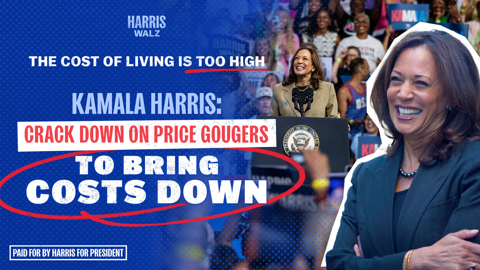Harris Walz digital takeover banner reading The Cost of Living Is Too High, with Kamala Harris and the line crack down on price gougers to bring costs down.