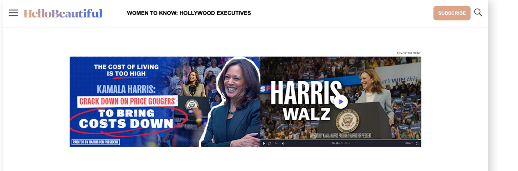 The Harris Walz cost-of-living ad shown in context as a site takeover on a hip, urban-leaning publisher: a 970x250 video billboard above the article carrying the crack down on price gougers message.