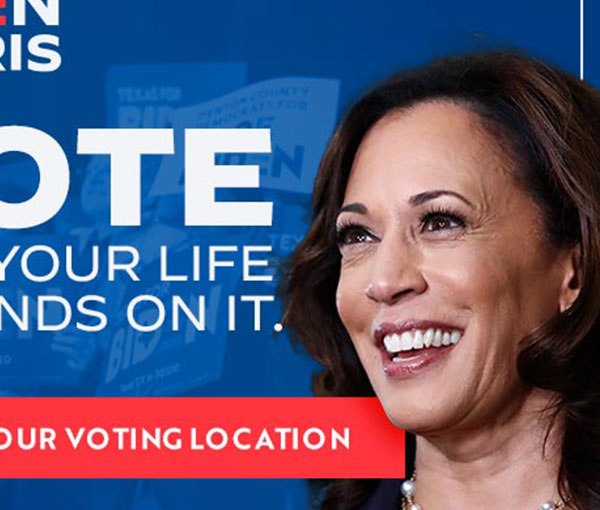 A digital unit reading Vote, your life depends on it, with a find your voting location call to action.