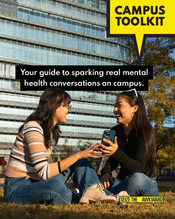 The Campus Toolkit cover: two students sitting on the grass with a phone, over the line your guide to sparking real mental health conversations on campus.