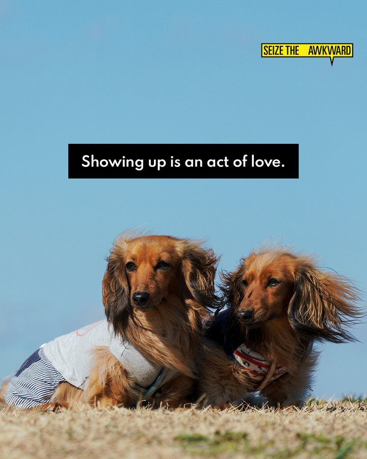 A photo of two dogs with the caption: Showing up is an act of love.