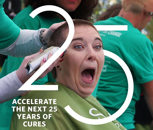 Campaign graphic reading Accelerate the next 25 years of cures, over a wide-eyed shavee mid head-shave.