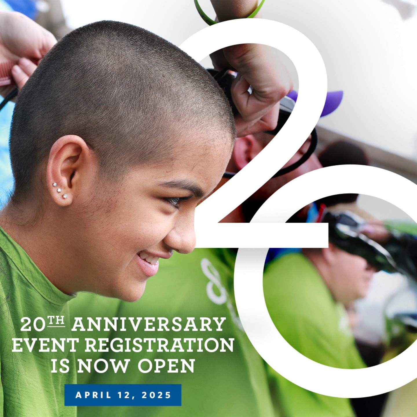 A young shavee getting their head shaved, with a large graphic numeral overlaid.