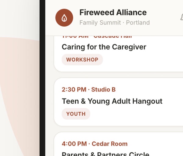 A conference agenda in a client's own brand, listing a caregiver workshop, a youth hangout, and a parents and partners circle.