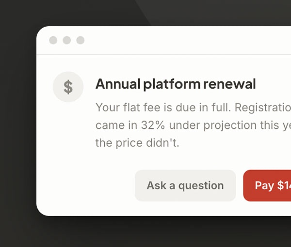 An annual platform renewal notice showing a flat fee due in full, noting registrations came in under projection while the price did not change.