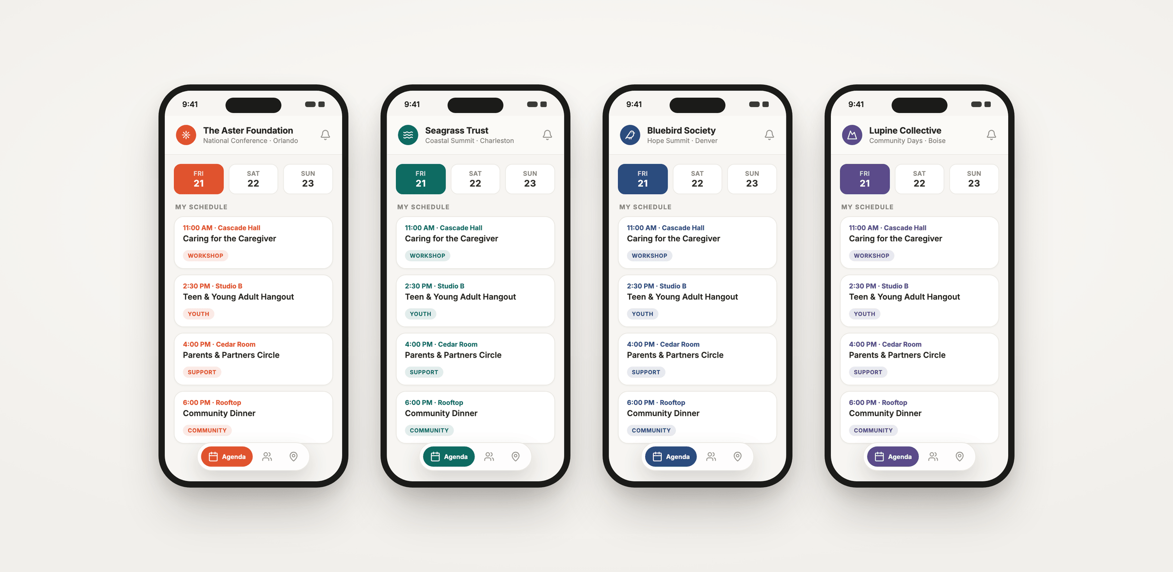 Four phone mockups side by side showing the identical Willet conference app rendered in four different nonprofit brands, each with its own name and accent color.